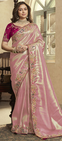 Pink and Majenta color Saree in Jacquard fabric with Embroidered, Sequence, Stone, Thread, Weaving, Zari work