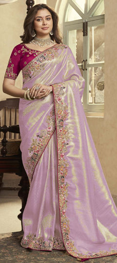 Purple and Violet color Saree in Jacquard fabric with Embroidered, Sequence, Stone, Thread, Weaving, Zari work