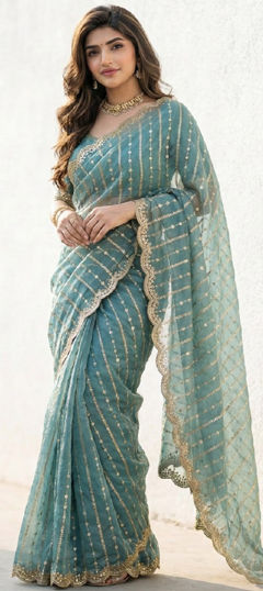 Blue color Saree in Tissue fabric with Embroidered, Sequence, Thread work