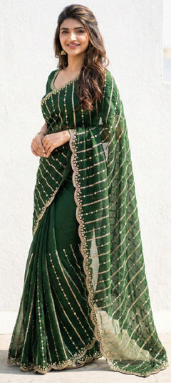 Green color Saree in Tissue fabric with Embroidered, Sequence, Thread work