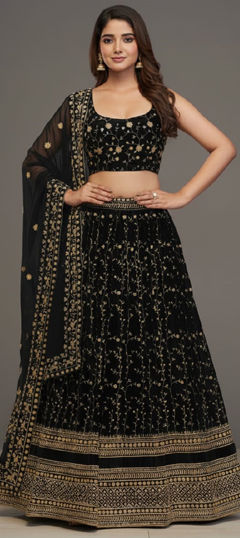 Black and Grey color Lehenga in Faux Georgette fabric with Embroidered, Thread, Zari work