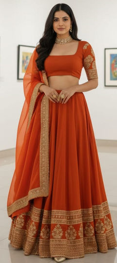 Orange color Lehenga in Faux Georgette fabric with Embroidered, Thread, Zari work