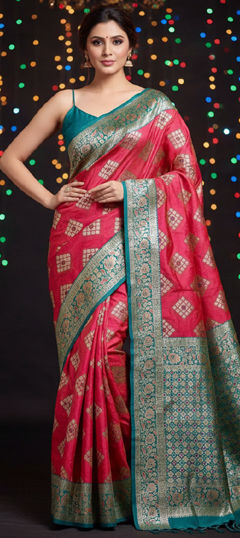 Blue, Pink and Majenta color Saree in Banarasi Silk fabric with Weaving, Zari work