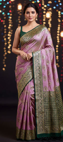 Green, Purple and Violet color Saree in Banarasi Silk fabric with Weaving, Zari work