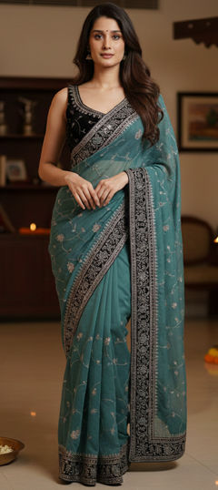 Blue color Saree in Silk fabric with Border, Embroidered, Sequence, Valvet, Zari work