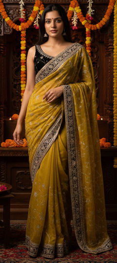Yellow color Saree in Silk fabric with Border, Embroidered, Sequence, Valvet, Zari work