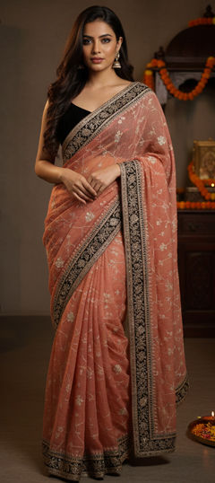 Beige and Brown color Saree in Silk fabric with Border, Embroidered, Sequence, Valvet, Zari work
