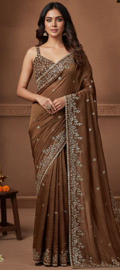 Beige and Brown color Saree in Chiffon fabric with Embroidered, Sequence, Thread work
