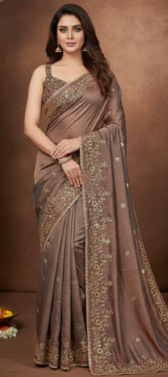 Beige and Brown color Saree in Chiffon fabric with Embroidered, Sequence, Thread work