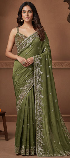 Green color Saree in Chiffon fabric with Embroidered, Sequence, Thread work
