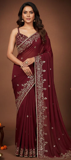 Red and Maroon color Saree in Chiffon fabric with Embroidered, Sequence, Thread work