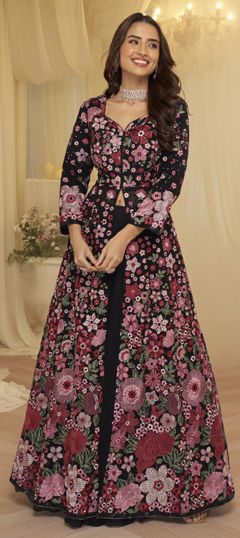 Black and Grey color Long Lehenga Choli in Georgette fabric with Embroidered, Thread work