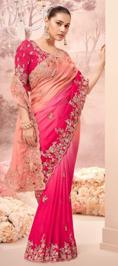 Pink and Majenta color Saree in Georgette fabric with Border, Embroidered, Resham, Stone, Zari work