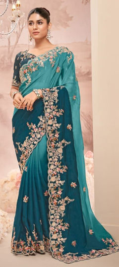 Blue color Saree in Georgette fabric with Border, Embroidered, Resham, Stone, Zari work