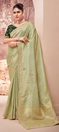Green color Saree in Silk fabric with Border, Embroidered, Resham, Stone, Weaving, Zari work