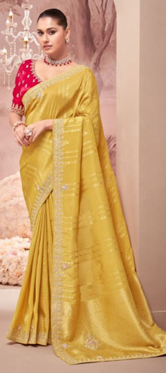 Yellow color Saree in Silk fabric with Border, Embroidered, Resham, Stone, Weaving, Zari work
