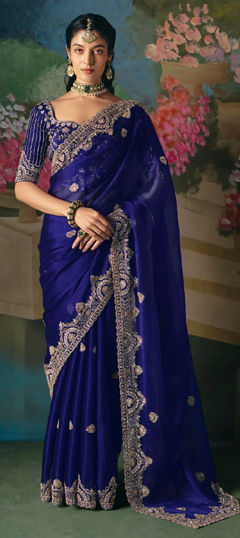 Blue color Saree in Tissue fabric with Bugle Beads, Cut Dana, Sequence, Stone work