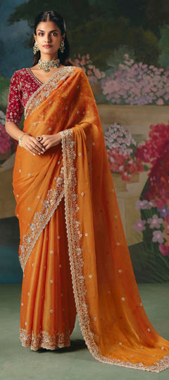 Orange color Saree in Tissue fabric with Bugle Beads, Cut Dana, Sequence, Stone work