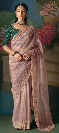 Pink and Majenta color Saree in Tissue fabric with Bugle Beads, Cut Dana, Sequence, Stone work