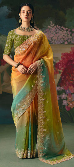 Multicolor color Saree in Tissue fabric with Bugle Beads, Cut Dana, Sequence, Stone work
