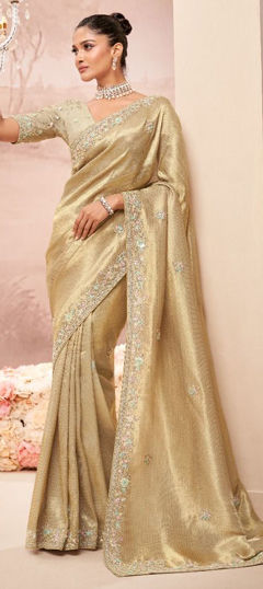 Beige and Brown color Saree in Silk fabric with Border, Embroidered, Resham, Stone, Zari work