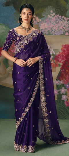 Purple and Violet color Saree in Tissue fabric with Bugle Beads, Cut Dana, Sequence, Stone work
