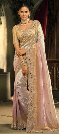 Pink and Majenta color Saree in Silk fabric with Border, Cut Dana, Embroidered, Mirror, Moti, Thread, Zari work