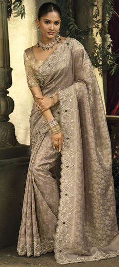 Beige and Brown color Saree in Silk fabric with Border, Cut Dana, Embroidered, Mirror, Moti, Thread, Zari work