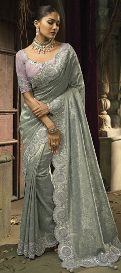 Black and Grey color Saree in Kanchipuram Silk fabric with Border, Cut Dana, Embroidered, Mirror, Moti, Thread, Zari work