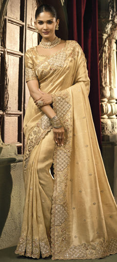 Beige and Brown color Saree in Banarasi Silk fabric with Border, Cut Dana, Embroidered, Mirror, Moti, Thread, Zari work