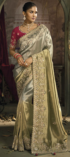 Black and Grey, Green color Saree in Silk fabric with Border, Cut Dana, Embroidered, Mirror, Moti, Thread, Zari work