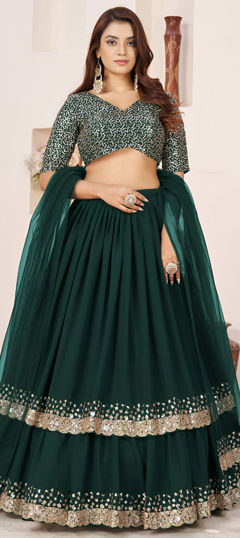 Green color Lehenga in Georgette fabric with Embroidered, Sequence, Thread, Zari work