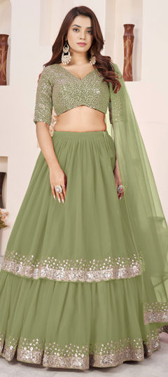 Green color Lehenga in Georgette fabric with Embroidered, Sequence, Thread, Zari work
