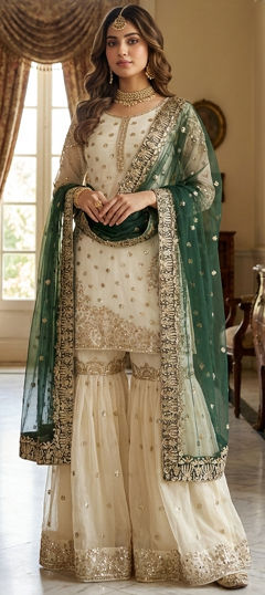 White and Off White color Salwar Kameez in Tissue fabric with Sequence work