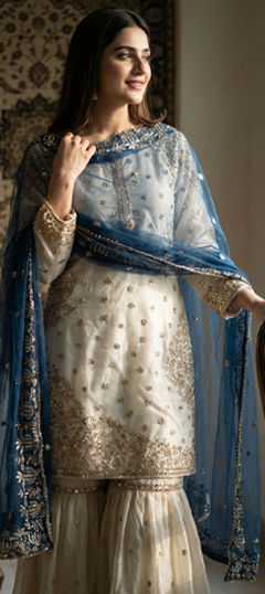 Blue, White and Off White color Salwar Kameez in Tissue fabric with Sequence work