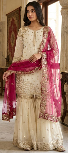 Pink and Majenta, White and Off White color Salwar Kameez in Tissue fabric with Sequence work