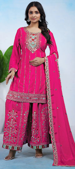Pink and Majenta color Salwar Kameez in Chinon Silk fabric with Embroidered, Sequence work