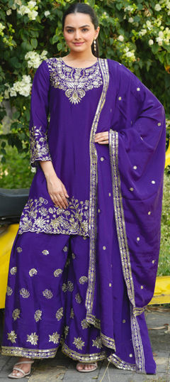Purple and Violet color Salwar Kameez in Chinon Silk fabric with Embroidered, Sequence work