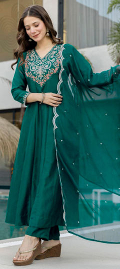 Blue color Salwar Kameez in Chinon Silk fabric with Embroidered, Sequence, Thread work