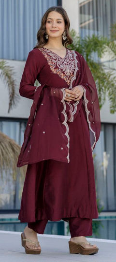 Red and Maroon color Salwar Kameez in Chinon Silk fabric with Embroidered, Sequence, Thread work