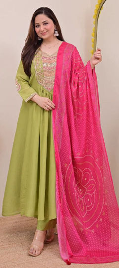 Green color Salwar Kameez in Silk fabric with Embroidered, Sequence, Thread work
