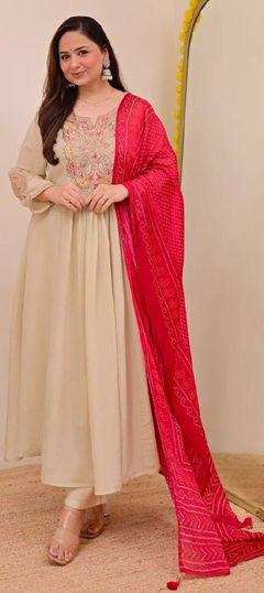 Beige and Brown color Salwar Kameez in Silk fabric with Embroidered, Sequence, Thread work