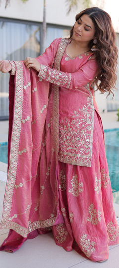 Pink and Majenta color Salwar Kameez in Tissue fabric with Embroidered, Sequence, Thread, Zari work