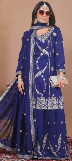 Blue color Salwar Kameez in Chinon Silk fabric with Embroidered, Sequence work