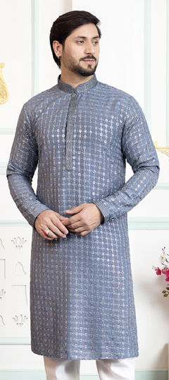 Black and Grey color Kurta in Art Silk fabric with Embroidered work