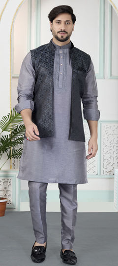 Black and Grey color Kurta Pyjama with Jacket in Art Silk, Jacquard fabric with Weaving work
