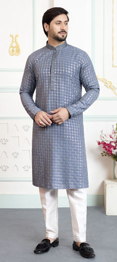 Black and Grey color Kurta Pyjamas in Art Silk fabric with Embroidered work