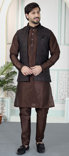 Beige and Brown color Kurta Pyjama with Jacket in Art Silk, Jacquard fabric with Weaving work