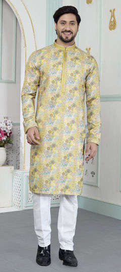 Yellow color Kurta Pyjamas in Art Silk fabric with Digital Print work
