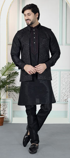 Black and Grey color Kurta Pyjama with Jacket in Art Silk, Jacquard fabric with Weaving work